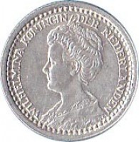 obverse of 10 Cents - Wilhelmina (1910 - 1925) coin with KM# 145 from Netherlands. Inscription: WILHELMINA KONINGIN DER NEDERLANDEN