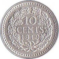 Netherlands coin 10 Cents - Wilhelmina (1910 - 1925) reverse reverse of 10 Cents - Wilhelmina (1910 - 1925) coin with KM# 145 from Netherlands. Inscription: 10 CENTS 1921