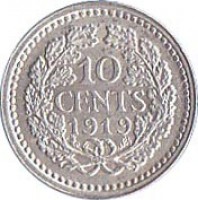 reverse of 10 Cents - Wilhelmina (1910 - 1925) coin with KM# 145 from Netherlands. Inscription: 10 CENTS 1921