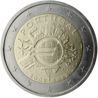 obverse of 2 Euro - 10 Years of Euro Cash (2012) coin with KM# 812 from Portugal. Inscription: PORTUGAL A.H. € 2002 2012 INCM