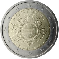 Portugal coin 2 Euro - 10 Years of Euro Cash (2012) obverse obverse of 2 Euro - 10 Years of Euro Cash (2012) coin with KM# 812 from Portugal. Inscription: PORTUGAL A.H. € 2002 2012 INCM
