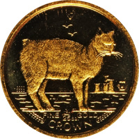 reverse of 1/25 Crown - Elizabeth II - Manx Cat (1988) coin with KM# 235 from Isle of Man. Inscription: 9999 FINE 1/25 oz. GOLD CROWN