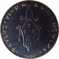 obverse of 50 Lire - Paulus VI - Olive (1970 - 1976) coin with KM# 121 from Vatican City. Inscription: · PAVLVS · VI · P.M. A. VII · MCMLXX ·