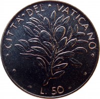 reverse of 50 Lire - Paulus VI - Olive (1970 - 1976) coin with KM# 121 from Vatican City. Inscription: CITTA' DEL VATICANO L.50