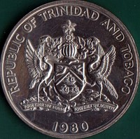 Trinidad and Tobago coin 5 Dollars (1976 - 1984) obverse obverse of 5 Dollars (1976 - 1984) coin with KM# 35 from Trinidad and Tobago. Inscription: REPUBLIC OF TRINIDAD AND TOBAGO TOGETHER WE ASPIRE, TOGETHER WE ACHIEVE FM 1980