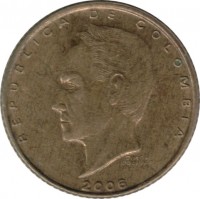 obverse of 20 Pesos (2004 - 2008) coin with KM# 294 from Colombia. Inscription: REPUBLICA DE COLOMBIA SIMON BOLIVAR 2006