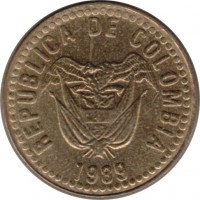 obverse of 5 Pesos (1989 - 1993) coin with KM# 280 from Colombia. Inscription: REPUBLICA DE COLOMBIA 1989