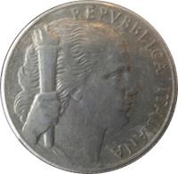 obverse of 5 Lire (1946 - 1950) coin with KM# 89 from Italy. Inscription: REPVBBLICA ITALIANA G.ROMAGNOLI-P.GIAMPAOLI INC