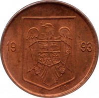 obverse of 1 Leu (1993 - 2006) coin with KM# 115 from Romania. Inscription: 19 93 V.G
