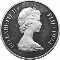 obverse of 25 Dollars - Elizabeth II - 100th Anniversary of the Cession to Great Britain (1974) coin with KM# 34 from Fiji.