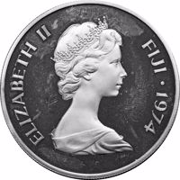 Fiji coin 25 Dollars - Elizabeth II - 100th Anniversary of the Cession to Great Britain (1974) obverse obverse of 25 Dollars - Elizabeth II - 100th Anniversary of the Cession to Great Britain (1974) coin with KM# 34 from Fiji.