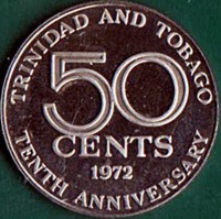 Trinidad and Tobago coin 50 Cents - Elizabeth II - 10th Anniversary of Independence (1972) reverse reverse of 50 Cents - Elizabeth II - 10th Anniversary of Independence (1972) coin with KM# 13 from Trinidad and Tobago. Inscription: TRINIDAD AND TOBAGO 50 CENTS 1972 TEN ANNIVERSARY