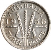 Australia coin 3 Pence - Elizabeth II - With F:D:; 1'st Portrait (1955 - 1964) reverse reverse of 3 Pence - Elizabeth II - With F:D:; 1'st Portrait (1955 - 1964) coin with KM# 57 from Australia. Inscription: AUSTRALIA 19 56 K G THREE PENCE