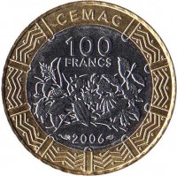 obverse of 100 Francs (2006) coin with KM# 15 from Central Africa (BEAC). Inscription: CEMAC 100 FRANCS 2006