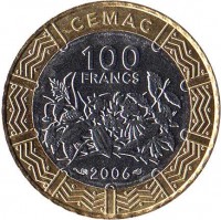 Central Africa (BEAC) coin 100 Francs (2006) obverse obverse of 100 Francs (2006) coin with KM# 15 from Central Africa (BEAC). Inscription: CEMAC 100 FRANCS 2006