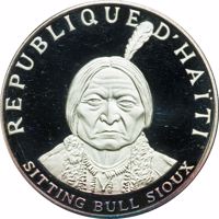 Haiti coin 10 Gourdes - Native American Chieftains Series - Sitting Bull Sioux (1971) obverse obverse of 10 Gourdes - Native American Chieftains Series - Sitting Bull Sioux (1971) coin with KM# 80 from Haiti. Inscription: REPUBLIQUE D'HAÏTI SITTING BULL SIOUX