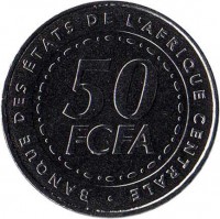 reverse of 50 Francs (2006) coin with KM# 21 from Central Africa (BEAC). Inscription: BANQUE DES ETATS DE L'AFRIQUE CENTRALE 50 FCFA