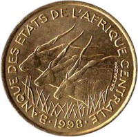 Central Africa (BEAC) coin 25 Francs (1975 - 2003) obverse obverse of 25 Francs (1975 - 2003) coin with KM# 10 from Central Africa (BEAC). Inscription: BANQUE DES ETATS DE L'AFRIQUE CENTRALE 1975