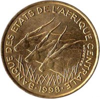 obverse of 25 Francs (1975 - 2003) coin with KM# 10 from Central Africa (BEAC). Inscription: BANQUE DES ETATS DE L'AFRIQUE CENTRALE 1975