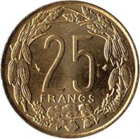 reverse of 25 Francs (1975 - 2003) coin with KM# 10 from Central Africa (BEAC). Inscription: 25 FRANCS