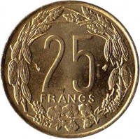 Central Africa (BEAC) coin 25 Francs (1975 - 2003) reverse reverse of 25 Francs (1975 - 2003) coin with KM# 10 from Central Africa (BEAC). Inscription: 25 FRANCS