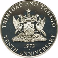 obverse of 10 Dollars - Elizabeth II - 10th Anniversary of Independence (1972) coin with KM# 16 from Trinidad and Tobago. Inscription: TRINIDAD AND TOBAGO TOGETHER WE ASPIRE TOGETHER WE ACHIEVE 1972 FM TENTH ANNIVERSARY