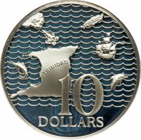 reverse of 10 Dollars - Elizabeth II - 10th Anniversary of Independence (1972) coin with KM# 16 from Trinidad and Tobago. Inscription: TOBAGO TRINIDAD 10 DOLLARS