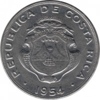 obverse of 1 Colón (1965 - 1978) coin with KM# 186 from Costa Rica. Inscription: REPUBLICA DE COSTA RICA 1954