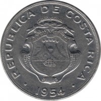 Costa Rica coin 1 Colón (1965 - 1978) obverse obverse of 1 Colón (1965 - 1978) coin with KM# 186 from Costa Rica. Inscription: REPUBLICA DE COSTA RICA 1954