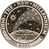 Kiribati coin 10 Dollars - The New Millennium (2000) reverse reverse of 10 Dollars - The New Millennium (2000) coin with KM# 38 from Kiribati. Inscription: 2000 * THE * NEW * MILLENNIUM HOPE