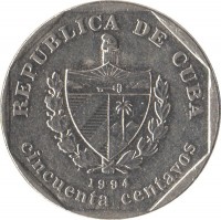 obverse of 50 Centavos (1994 - 2007) coin with KM# 578 from Cuba. Inscription: REPUBLICA DE CUBA 1994 cincuenta centavos