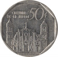 Cuba coin 50 Centavos (1994 - 2007) reverse reverse of 50 Centavos (1994 - 2007) coin with KM# 578 from Cuba. Inscription: CATEDRAL DE LA HABANA 50¢