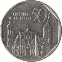 reverse of 50 Centavos (1994 - 2007) coin with KM# 578 from Cuba. Inscription: CATEDRAL DE LA HABANA 50¢