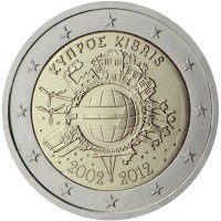 obverse of 2 Euro - 10 Years of Euro Cash (2012) coin with KM# 97 from Cyprus. Inscription: ΚΥΠΡΟΣ KIBRIS A.H. € 2002 2012