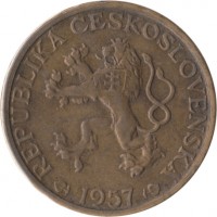 obverse of 1 Koruna (1957 - 1960) coin with KM# 46 from Czechoslovakia. Inscription: REPUBLIKA ČESKOSLOVENSKÁ 1957