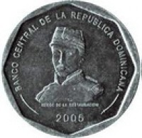 obverse of 25 Pesos (2005 - 2010) coin with KM# 107 from Dominican Republic. Inscription: REPUBLICA DOMINICANA 25 PESOS DIOS PATRIA LIBERTAD REPUBLICA DOMINICANA