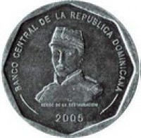 Dominican Republic coin 25 Pesos (2005 - 2010) obverse obverse of 25 Pesos (2005 - 2010) coin with KM# 107 from Dominican Republic. Inscription: REPUBLICA DOMINICANA 25 PESOS DIOS PATRIA LIBERTAD REPUBLICA DOMINICANA
