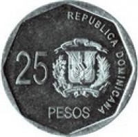 reverse of 25 Pesos (2005 - 2010) coin with KM# 107 from Dominican Republic. Inscription: BANCO CENTRAL DE LA REPUBLICA DOMINICANA 2005 LUPERON HEROE DE LA LIBERACION