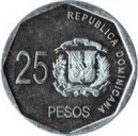 Dominican Republic coin 25 Pesos (2005 - 2010) reverse reverse of 25 Pesos (2005 - 2010) coin with KM# 107 from Dominican Republic. Inscription: BANCO CENTRAL DE LA REPUBLICA DOMINICANA 2005 LUPERON HEROE DE LA LIBERACION