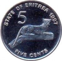 reverse of 5 Cents (1997) coin with KM# 44 from Eritrea. Inscription: STATE OF ERITREA 1997 5 FIVE CENTS