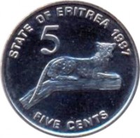 Eritrea coin 5 Cents (1997) reverse reverse of 5 Cents (1997) coin with KM# 44 from Eritrea. Inscription: STATE OF ERITREA 1997 5 FIVE CENTS