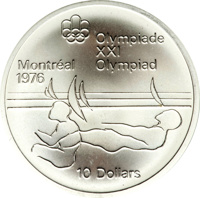 reverse of 10 Dollars - Elizabeth II - Sailing (1975) coin with KM# 104 from Canada. Inscription: Olympiade XXI Olympiad Montréal 1976 10 Dollars