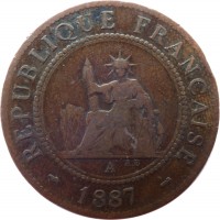 obverse of 1 Centime (1885 - 1894) coin with KM# 1 from French Indochina. Inscription: REPUBLIQUE FRANÇAISE A 1887
