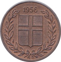 obverse of 1 Eyrir (1946 - 1966) coin with KM# 8 from Iceland. Inscription: 1957