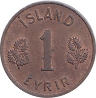 reverse of 1 Eyrir (1946 - 1966) coin with KM# 8 from Iceland. Inscription: ÍSLAND 1 EYRIR