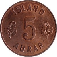 reverse of 5 Aurar (1946 - 1966) coin with KM# 9 from Iceland. Inscription: ÍSLAND 5 AURAR