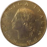 obverse of 20 Lire (1957 - 2001) coin with KM# 97 from Italy. Inscription: REPVBBLICA ITALIANA GIAMPAOLI