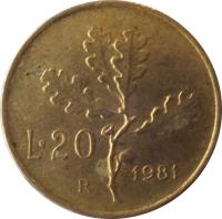 reverse of 20 Lire (1957 - 2001) coin with KM# 97 from Italy. Inscription: L.20 R 1958