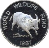 reverse of 200 Piso - WWF (1987) coin with KM# 248 from Philippines. Inscription: WORLD WILDLIFE FUND ANOA MINDORENSIS 1987