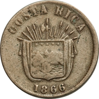 obverse of 1 Centavo (1865 - 1868) coin with KM# 109 from Costa Rica. Inscription: COSTA RICA 1866